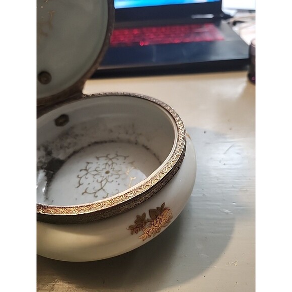 Vintage Porcelain Lidded Serving Pot Handle Gold Gilt Floral Brass Trim Elegant - Picture 9 of 15